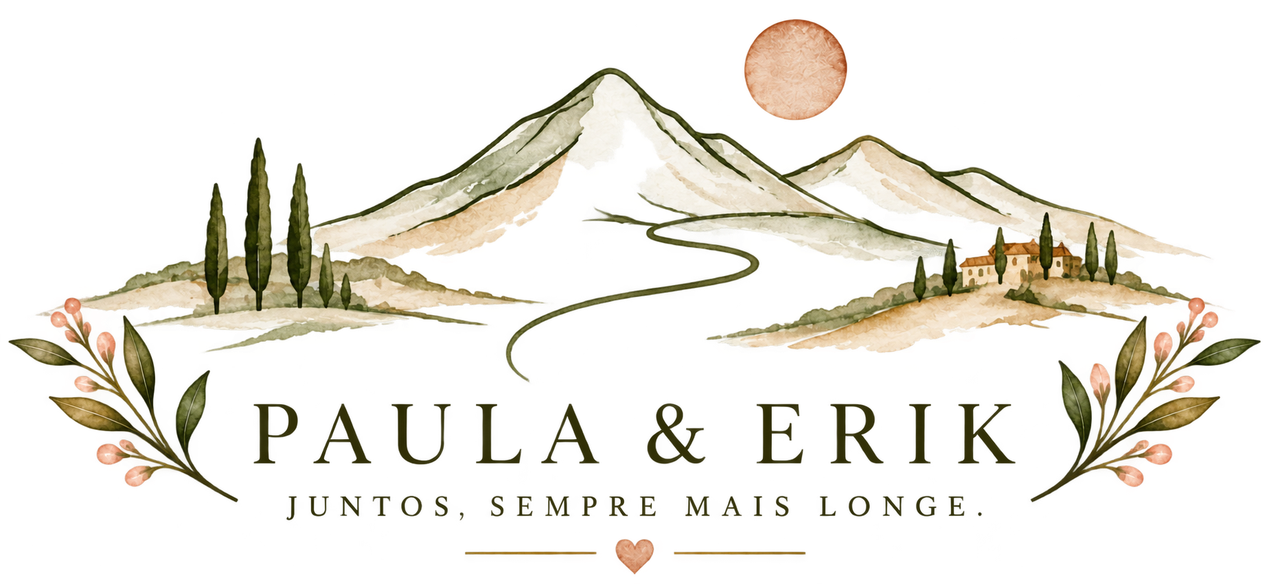 Montanhas em aquarela, um caminho entre árvores e os dizeres: Paula & Erik. Juntos, sempre mais longe.